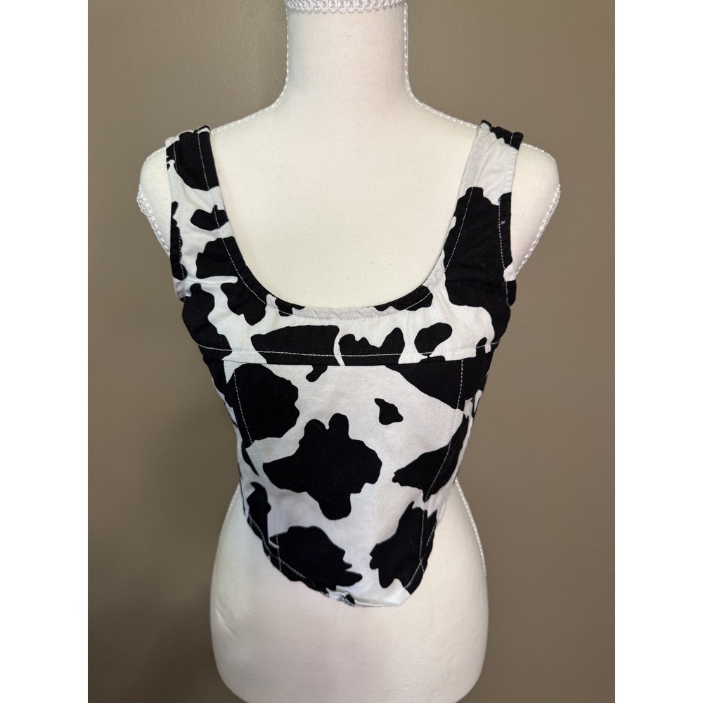 Lone Star Black White Cow Print Cotton Cropped Tank Top Womens Small #1088